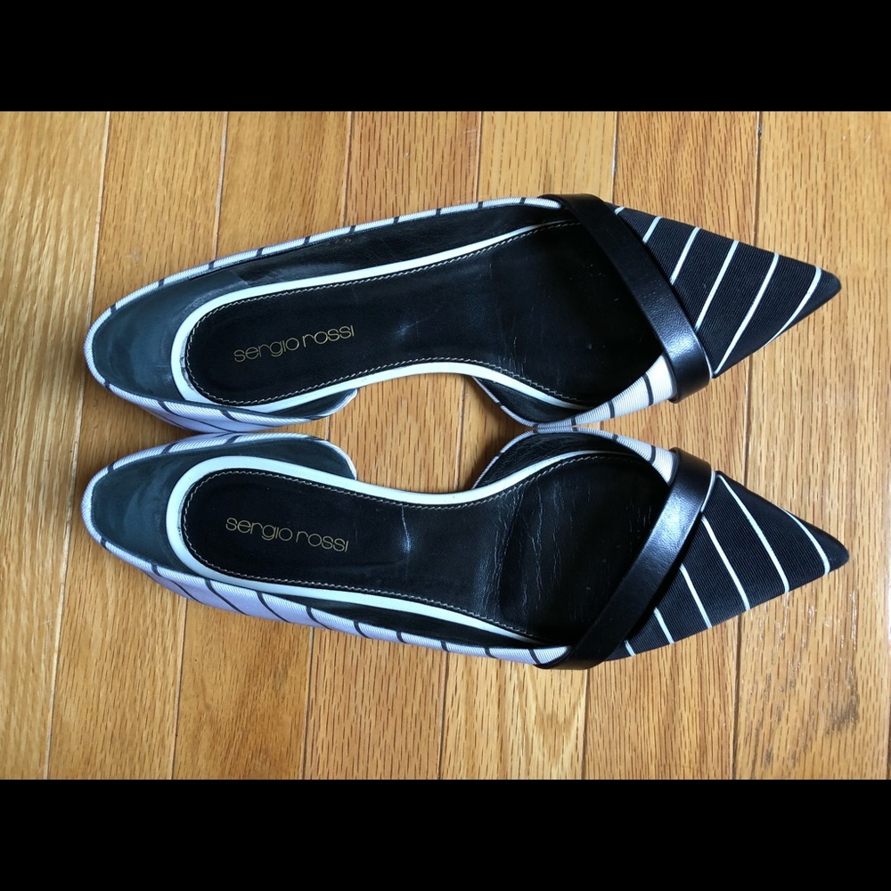 Sergio Rossi black and white striped pointy flats